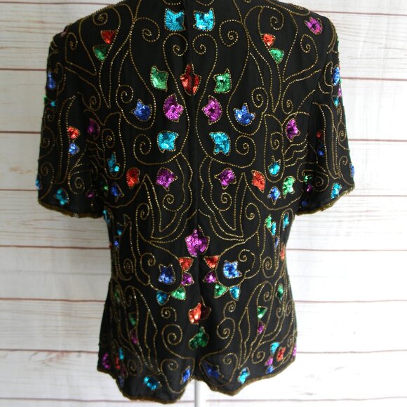 STENAY VINTAGE WM'S BLACK BEADED/SEQUIN SILK SHORT SLV BLOUSE TOP SZ XL - Picture 4 of 7